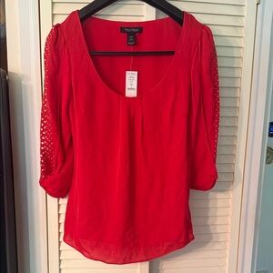 White House Black Market Red Silk Blouse with Studded Sleeves